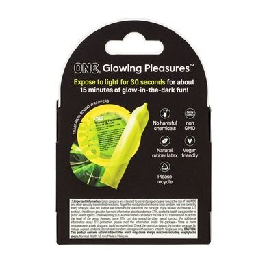 Презервативи ONE Glowing Pleasures, 3 шт, світяться в темряві, з мастилом, картонна упаковка SX0784 фото