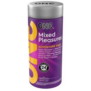 Презервативи ONE Mixed Pleasures, 24 шт, 8 видів, лубрикант у комплекті, подарункова упаковка-тубус SX0796 фото