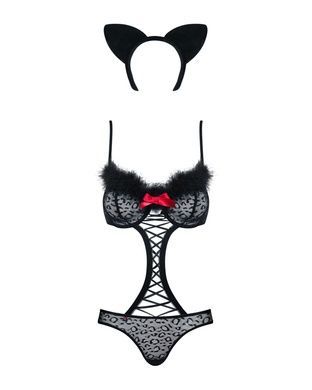 Еротичний костюм гепарду Obsessive Gepardina 3 pcs costume L/XL, чорний, хутряне оздоблення, монокін SO7277 фото
