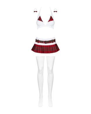Эротический костюм школьницы с мини-юбкой Obsessive Schooly 5pcs costume S/M, бело-красный, топ, юбк SO7304 фото